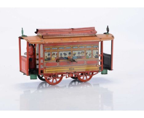 A tinplate 4-wheel floor-running Tram by R & C, with finely-lithographed detailing of passengers and wood-grained roof, very 