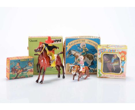 Equine Themed Tinplate Clockwork Toys, Takatoku friction drive Galloping Indian, Yone Plodding Donkey With Cowboy, Haji Mecha