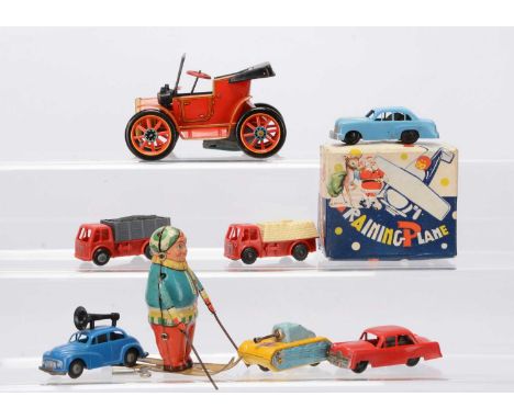Tinplate & Plastic Toys, including a Blomer & Schuler tinplate clockwork Skier, Masudaya Modern Toys tinplate lever action An