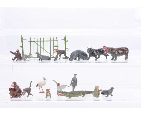 Lead zoo animals by various makers including Britains and Charbens comprising Hill Leopard and Giraffe, various crocodiles, B