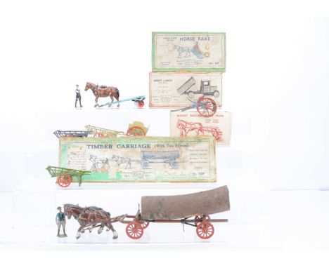 Britains coster carts (3) with boxed and unboxed farm vehicles comprising post WW2 No. 9F Horse Roller with Man in unusual li