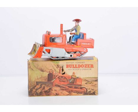 A Usagiya Toys (Japan) Tinplate Battery Operated Piston Action Elephant Bulldozer, No.15610, orange body, detailed tinprinted