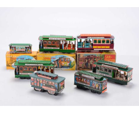 Tinplate Friction Drive San Francisco Cable Cars, including Kanto Toys example in maroon and light blue, smaller Hishimo Sang