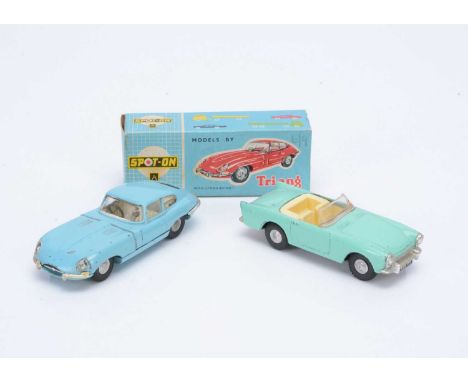 A Boxed Tri-ang Spot-On No.217 Jaguar 'E-Type', in light blue with white interior, overall G, missing the tip of the nearside