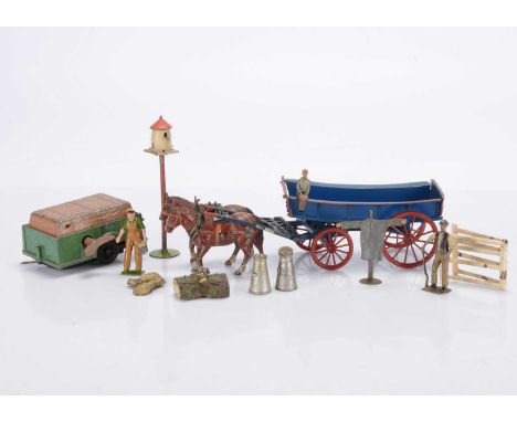 Britains farm accessories comprising 4 wheel cart - back gate replaced and left side shaft repaired, dovecote, clockwork trai