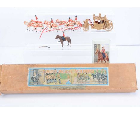 Boxed Timpo Coronation Coach and H M The Queen Lizzie II comprising coach with reins, horse and riders, no foot figures, diec