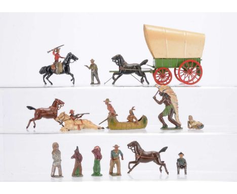 A lot of Wild West cowboy and Indian related items by various items including John Hill and Crescent comprising Britains Prai