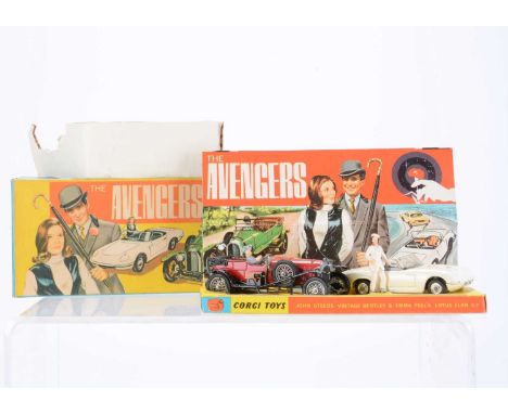 A Corgi Toys Gift Set 40 The Avengers, comprising John Steed's Bentley, red body, wire wheels, Emma Peel's Lotus Elan, white 