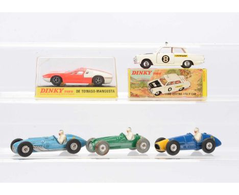 Dinky Toy Competition & Racing Cars, 212 Ford Cortina Rally Car, 187 De Tomaso-Mangusta, in original boxes, with loose 230 Ta