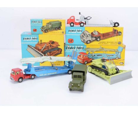 Corgi Major Toys, 1107 Euclid TC-12 Tractor with Dozer Blade, 1105 Bedford Carrimore Car Transporter, 1104 Carrimore Machiner