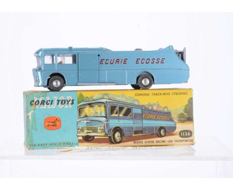 A Corgi Major Toys 1126 Ecurie Ecosse Racing Car Transporter, metallic light blue body with logo in red lettering, spun hubs,