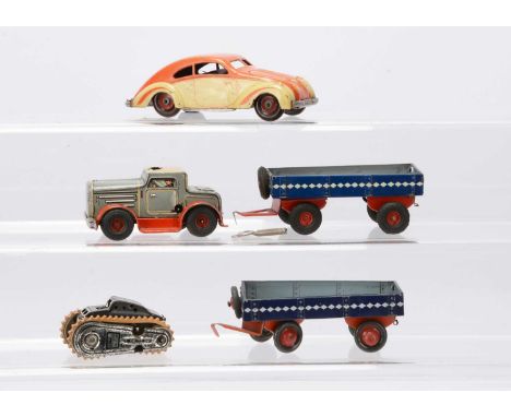 German Tinplate Clockwork Toys, including an unusual Adler Streamlined Saloon, red/cream body, adjustable front steering, sil