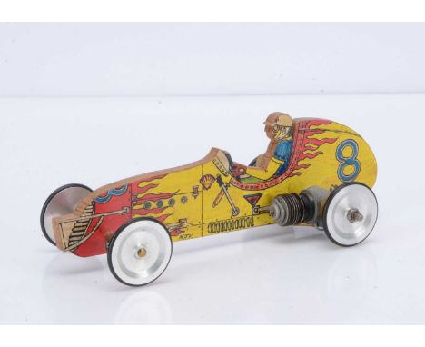 A 'minimal' American glowplug-engined Tether Racing Car, with shaped plywood 'body' approx 220mm long, brightly-printed 'flam