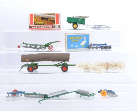 Britains mainly post WW2 Farm implements and vehicles comprising boxed 135F Disc Harrow (box missing one end),  9535 Muledoze