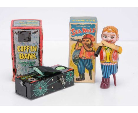Alps (Japan) Tinplate Clockwork Mechanical Sea Wolf, detailed tinprinted body with rubber arms, plastic telescope and peg leg