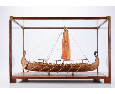 An excellent large scale  model of Viking Ship 'Skuldiev' by model ship builder Colin Freeman in 2023, constructed in wood wi