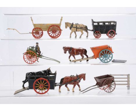 Horse drawn carts by various makers including Britains and John Hill comprising Simon & Rivollet - France - 4-wheel farm cart