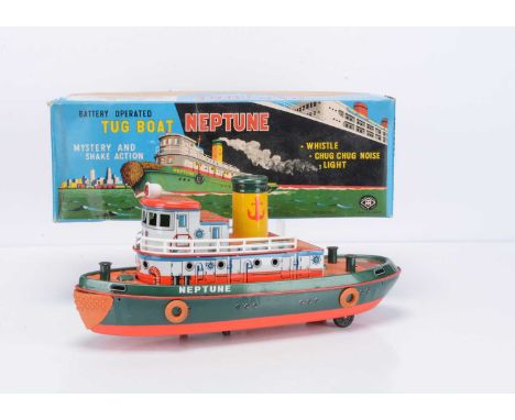 A Masudaya Modern Toys (Japan) Tinplate Battery-Operated Tug Boat Neptune, No.3290, detailed tinprinted body, orange rubber f