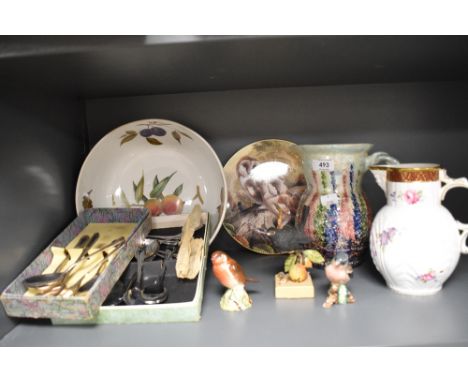 A Royal Worcester 'Evesham' large fruit bowl, a Coalport jug titled 'The Caughley Mask-Head Jug', a Royal Doulton display pla