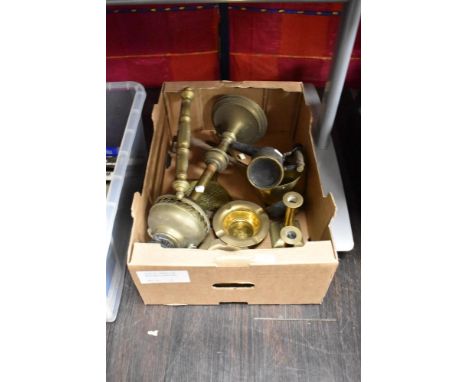 A selection of mixed brass wares, to include 19th century fat skimmer, candlesticks, ladle, ashtrays, lamp
