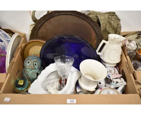 A white carp dish by Royal China works Worcester, a blue glass footed cake stand, two Mark's and Spencer's tea pots with flor