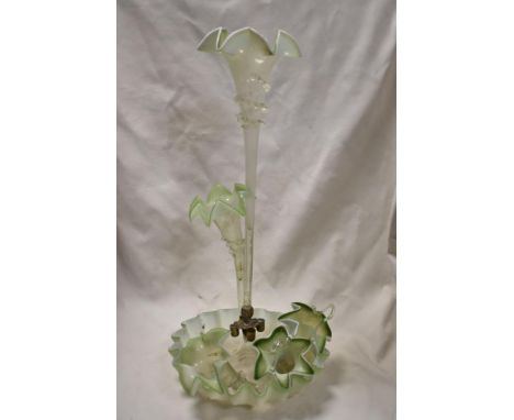 A Victorian table centre glass epergne in a green and milk glass AF.