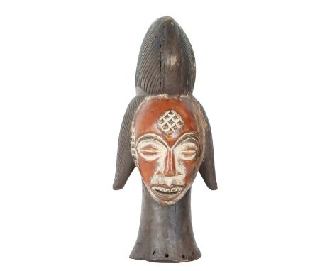 African Hand Carved Wooden Figural Sculpture, bust form with an orange/red face. Size: 7 x 9 x 16 in. Please note that all sa