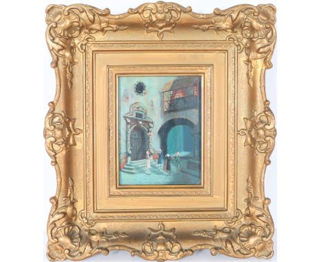 Emil Hildebrand (19th C.) German, Musicians playing in an old town passageway in Munich, oil on board. Overall: 15 x 14 in. S