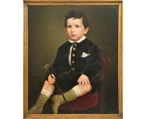 Portrait of a child in formal attire, wearing boots and carrying a stick cane. Signed lower right: G. Bruecke (?) Overall siz