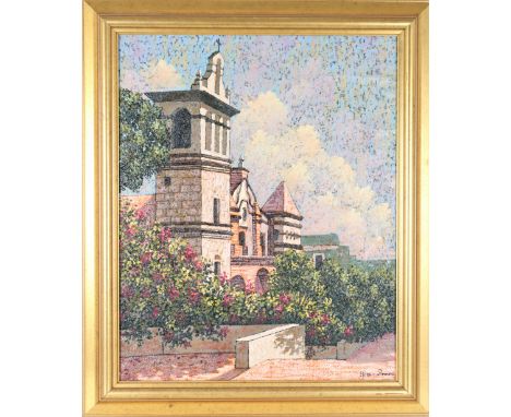 Architectural church building, oil on board, signed in the lower right by "Efrain Romero" a Spanish artist. Information verso