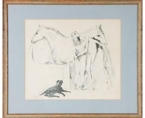 Signed Lithograph of Couple Embracing. Possibly circus related Overall: 23 1/2 x 27 1/2 in. Sight: 16 x 19 in. Please note th