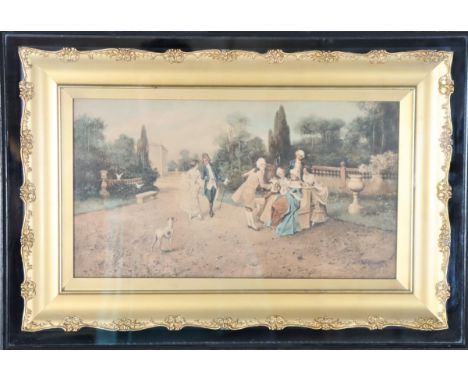 Antique 18th Century Park Scene. Hand painted oil on a print base. Overall: 16 1/2 x 24 in. Sight: 9 x 16 in. Please note tha