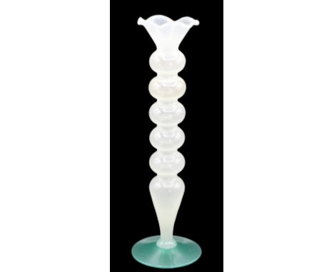 Green based Steuben bud vase with tear drop form and rippled rim. Size: 10 x 2 1/2 in. Please note that all sales are final. 