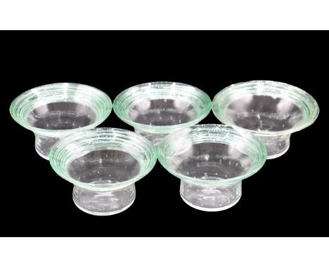 (5) Steuben controlled bubble bowls with green threading. Size: 2 1/4 x 4 1/2 in. Please note that all sales are final. No re