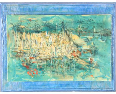 Colorful image of San Francisco with the Golden Gate Bridge in background, signed "Viking Leon" lower right. Please note that