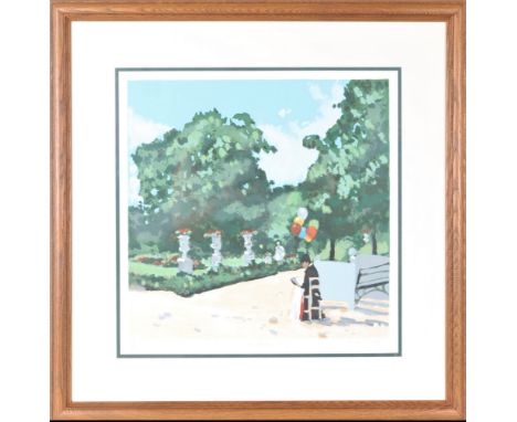 Titled "The Balloon Lady", color lithograph, numbered 42/300 and signed in pencil in the margin. A true American Impressionis