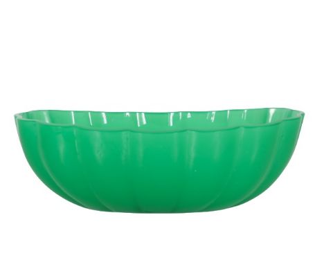 Steuben green jade glass center bowl with widely ribbed sides. Size: 4 x 12 in. Please note that all sales are final. No refu