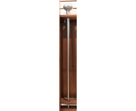 This is a free-blown glass walking stick with a metallic silver interior coloring. Staff is long with a bulb like head. This 