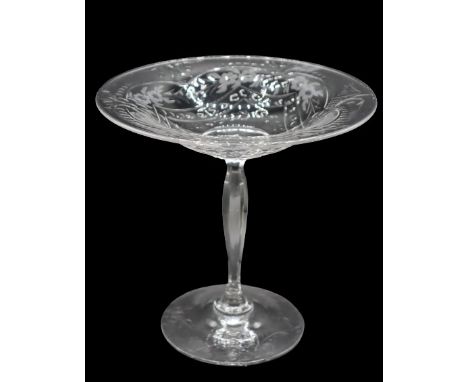 Steuben long stemmed crystal compote with engraved design. Size: 7 1/2 x 7 1/2 in. Please note that all sales are final. No r