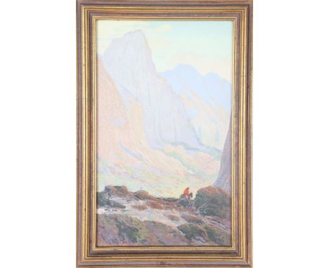 Screen Print in colors of Indian horseback riding in a mountain pass, signed lower left. Fred Grayson Sayre was a highly succ