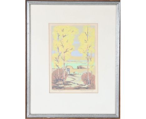 Louie Ewing (1908-1983) American. Signed and dated silkscreen titled "Fall Aspens". Overall: 12 x 9 3/4 in. Sight: 7 x 5 in. 
