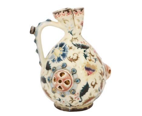 Pitcher with two holes pinched at top, three holes around widest part as if for holding on a thin strap. Size: 6 1/2 x 5 in P