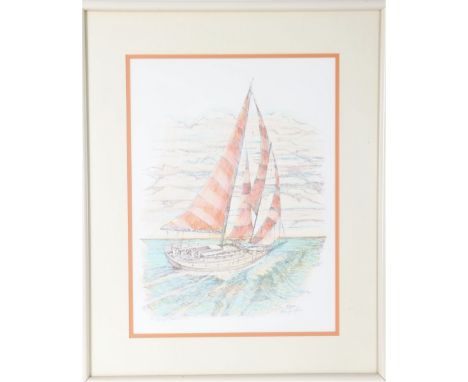 Titled, "Sunset Schooner", lithograph numbered 21/50 signed in pencil. Richard Capes is locally known as the 'Artistic Chroni