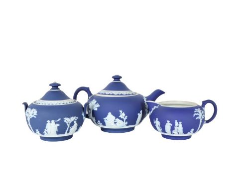 3 Pc Jasperware Wedgewood Tea Set. Size: 8 1/2 x 5 1/2 x 5 in. Please note that all sales are final. No refunds will be given