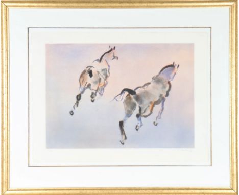 Color lithograph of horses running, numbered 40/150, signed indistinctly in margin. Overall size: 33 1/2 x 40 1/2 in. Sight s
