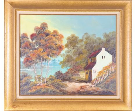 Autumnal landscape with house overlooking lake, oil on board, signed K. Schmidt lower right. Overall: 28 x 32 in. Sight: 20 x