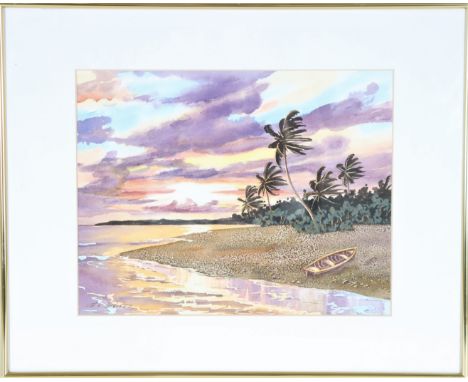 George K Salhofer (born in Austria) Florida scene watercolor "Beach Scene, Palm Trees &amp; Boat." Sight size: 10 1/2 x 13 1/