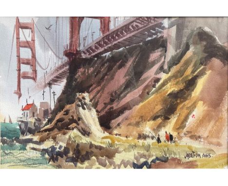 Jade Fon (1911-1983) American. Medium: Watercolor. Signed lower right. Watercolor of Golden Gate Bridge with sailboats on the