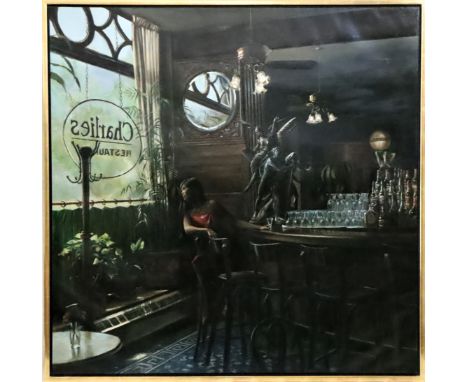Interior of a restaurant bar at Charlie's, with a figure looking out the window. Oil on canvas, signed lower right. Harry McC