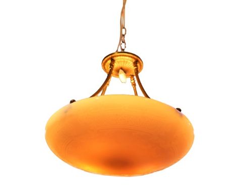 Large Steuben inverted dome chandelier. Engraved calcite glass supported by four painted brass arms terminating in four light